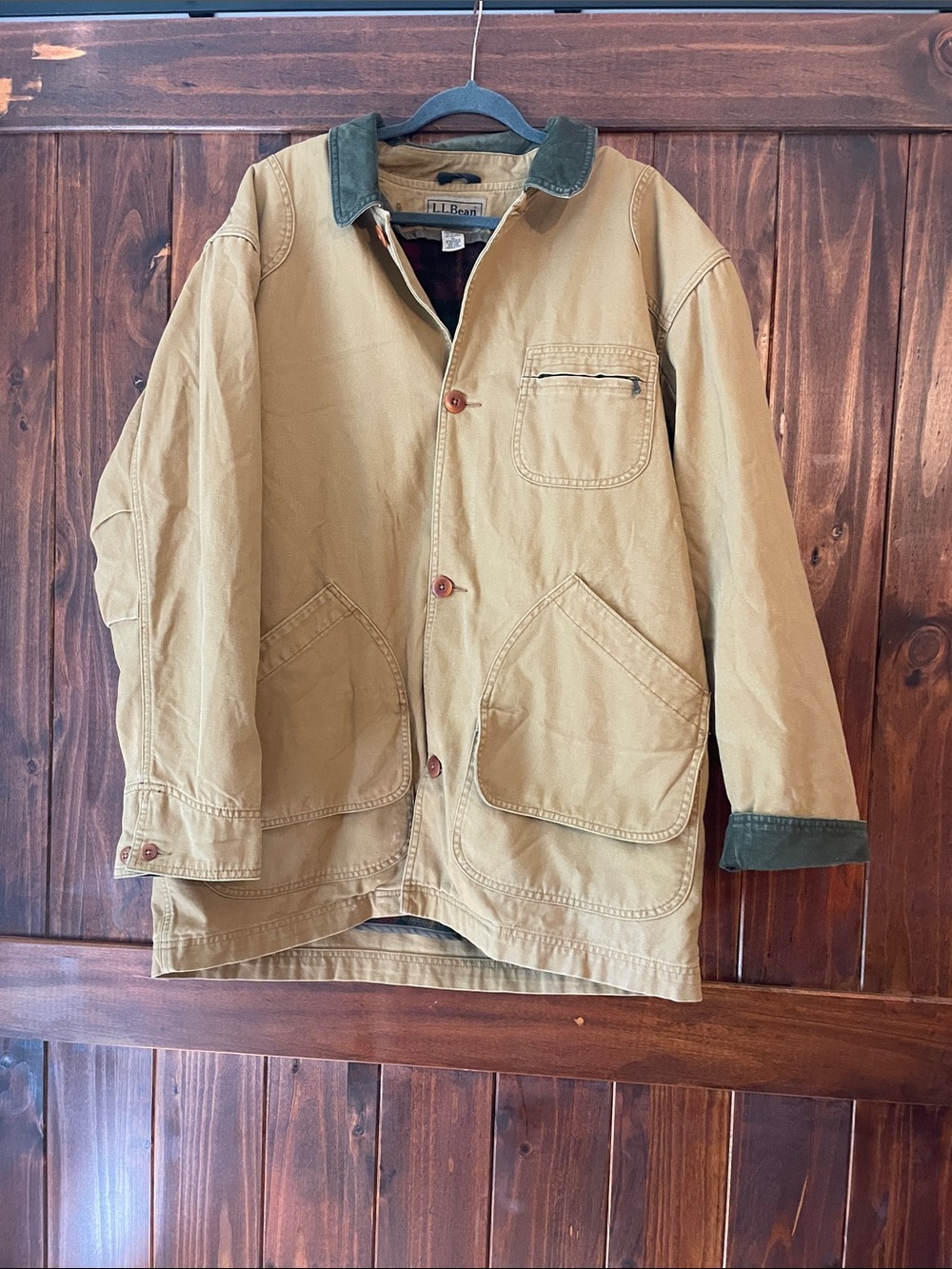 L.L. Bean Men's Tan Canvas Field Jacket with Dark Green Corduroy Collar